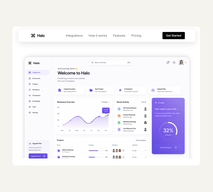 Halo AI workspace landing page and dashboard