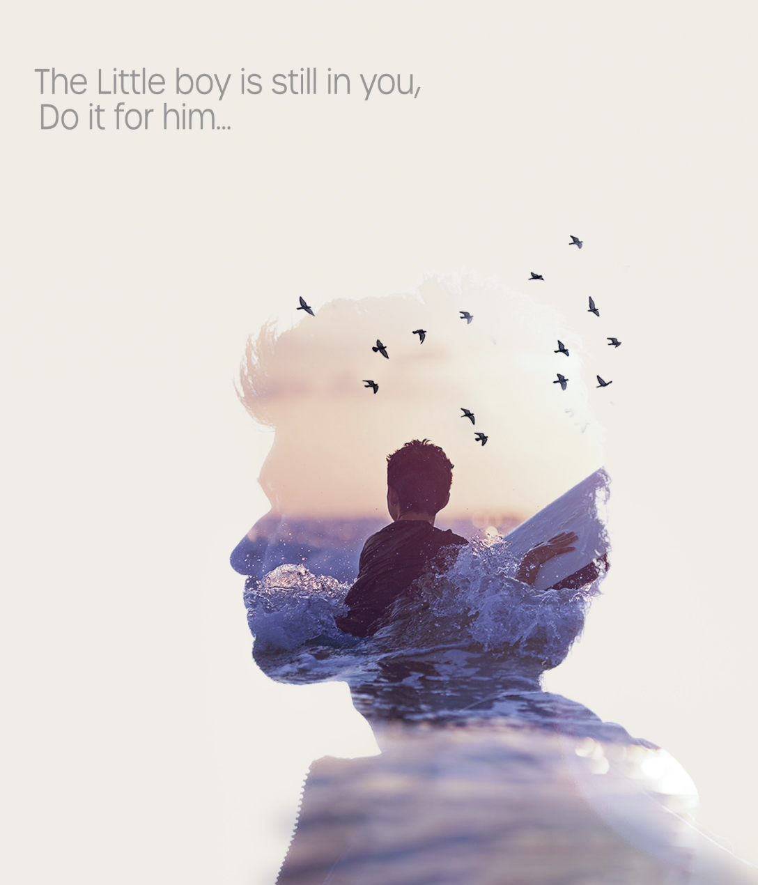 Double-exposure artwork of a boy and ocean waves