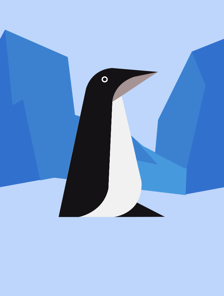 Minimal penguin illustration in a blue geometric scene