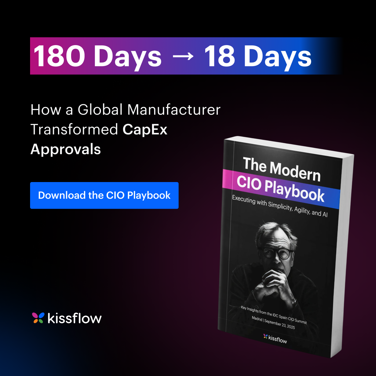Dark paid ad showing 180 Days to 18 Days and the CIO Playbook