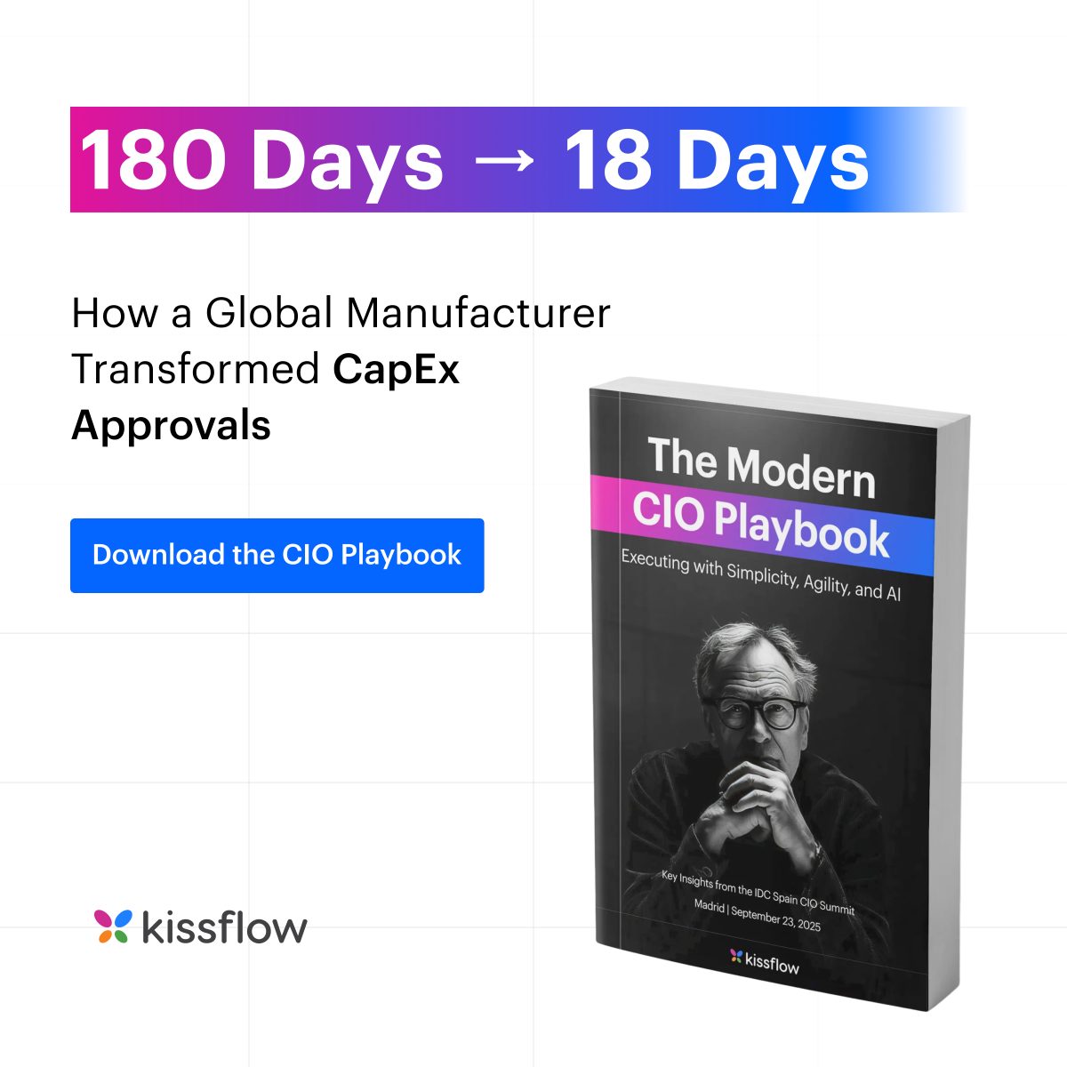 Paid ad showing 180 Days to 18 Days and the CIO Playbook