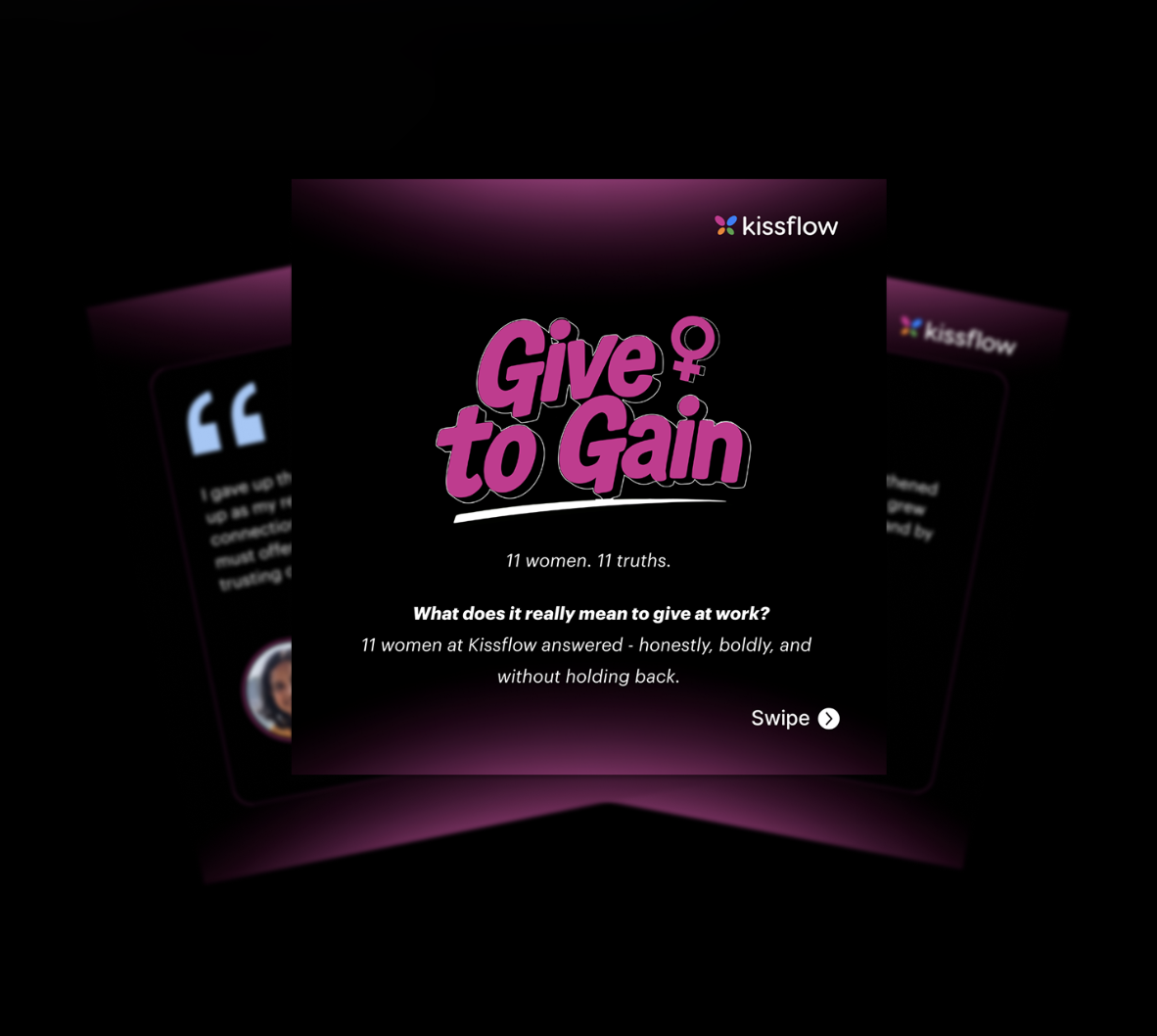 Kissflow Give to Gain campaign post featuring 11 women sharing what giving at work means