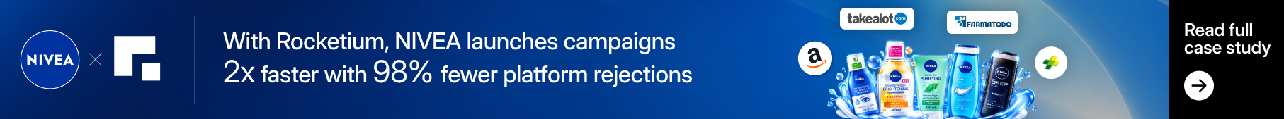 NIVEA and Rocketium blue leaderboard banner about faster campaigns and fewer platform rejections