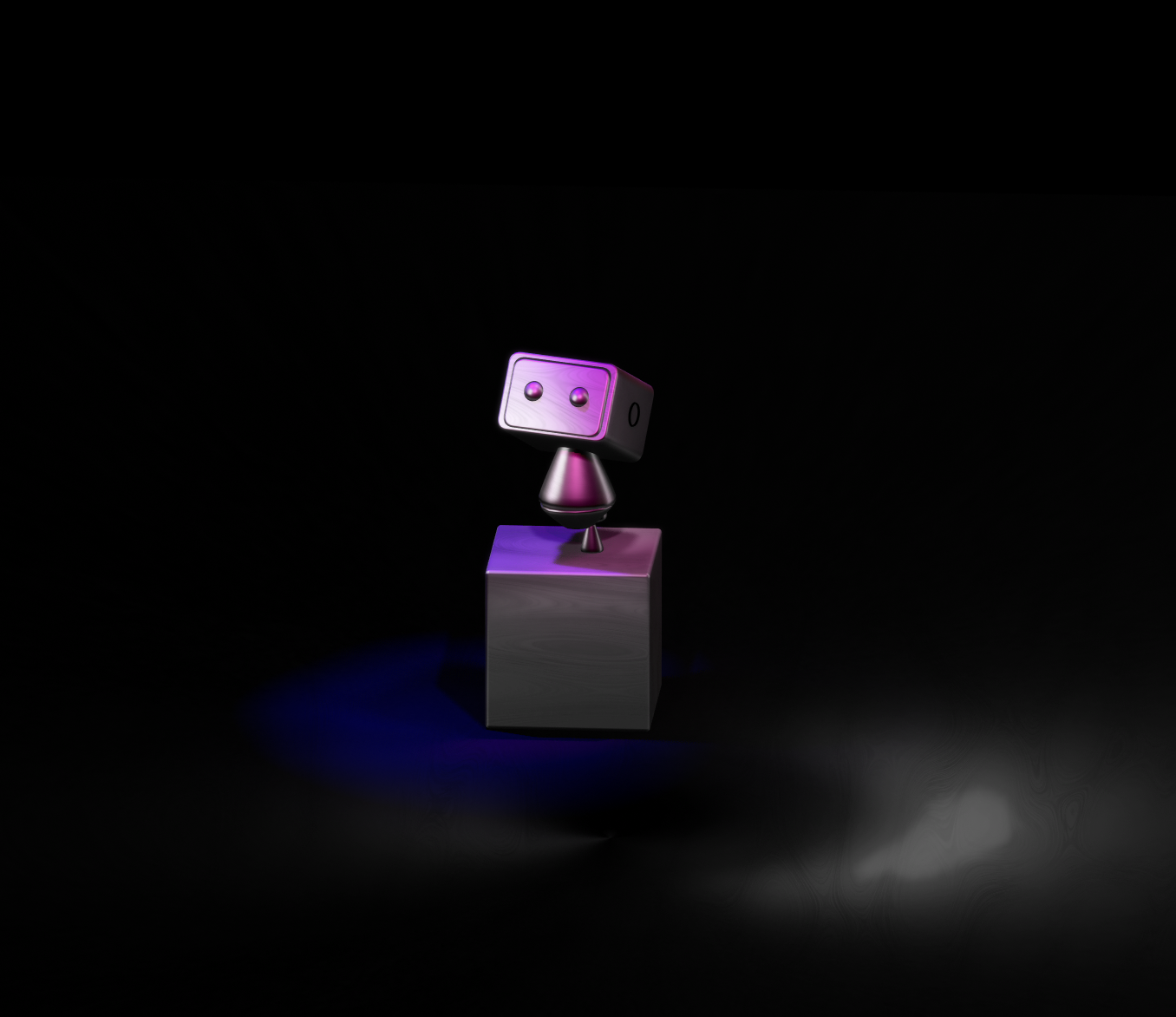 Pink and black 3D robot on a dark stage
