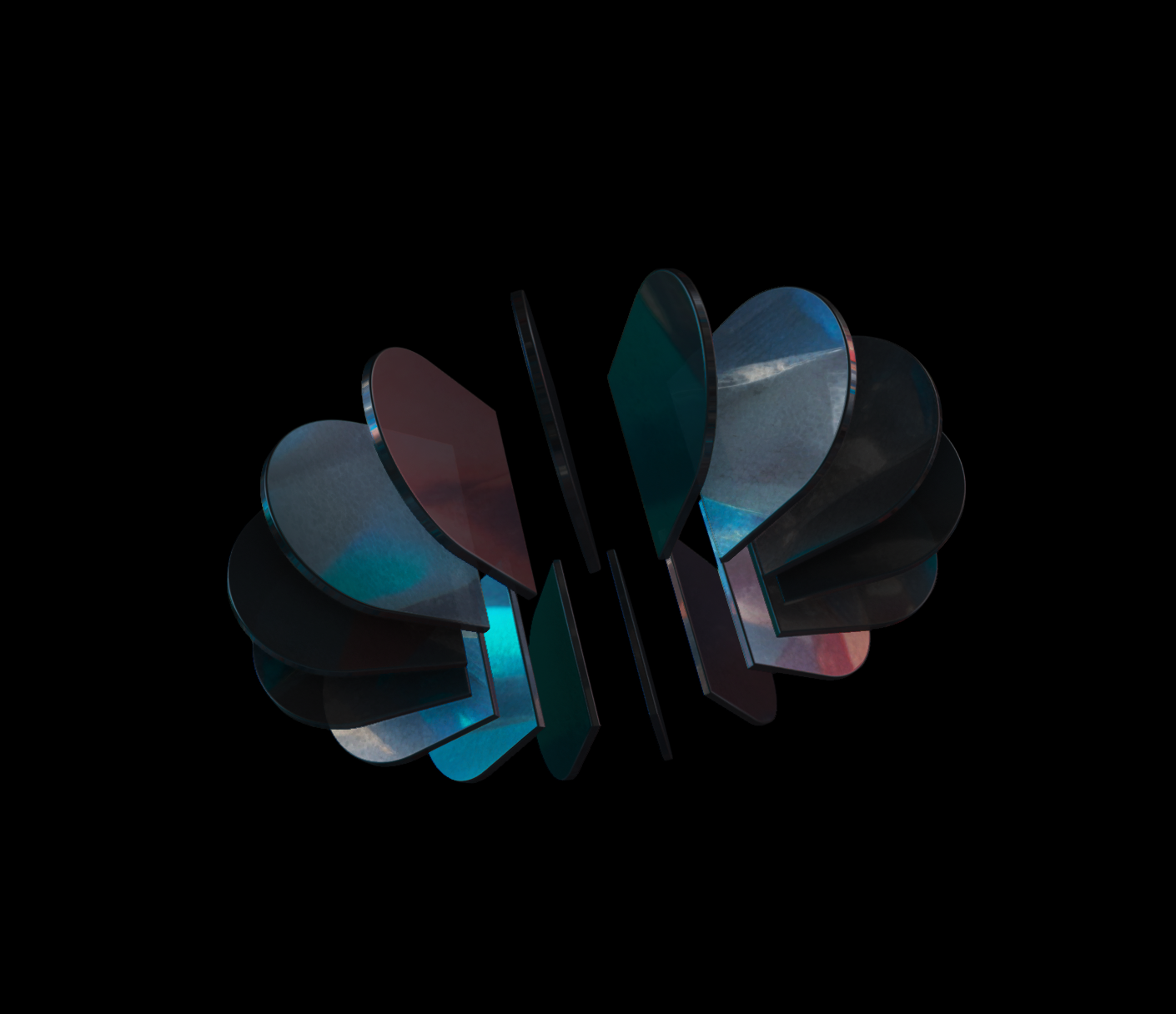 Abstract sculptural glass form with blue and teal highlights