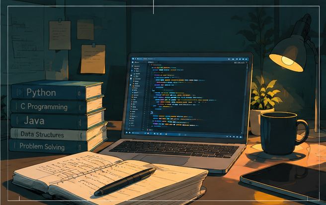 A desk with programming books, a laptop, and handwritten notes