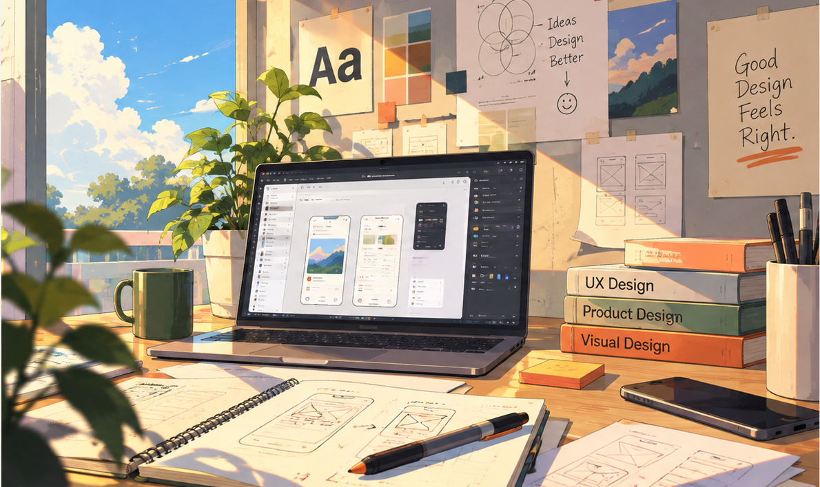 A sunlit design workspace with product sketches, a laptop, and books on UX, product, and visual design