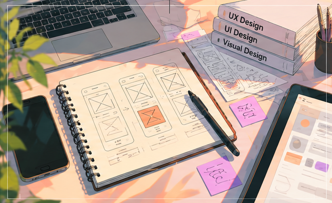 Early UI and visual design sketches, books, and study materials
