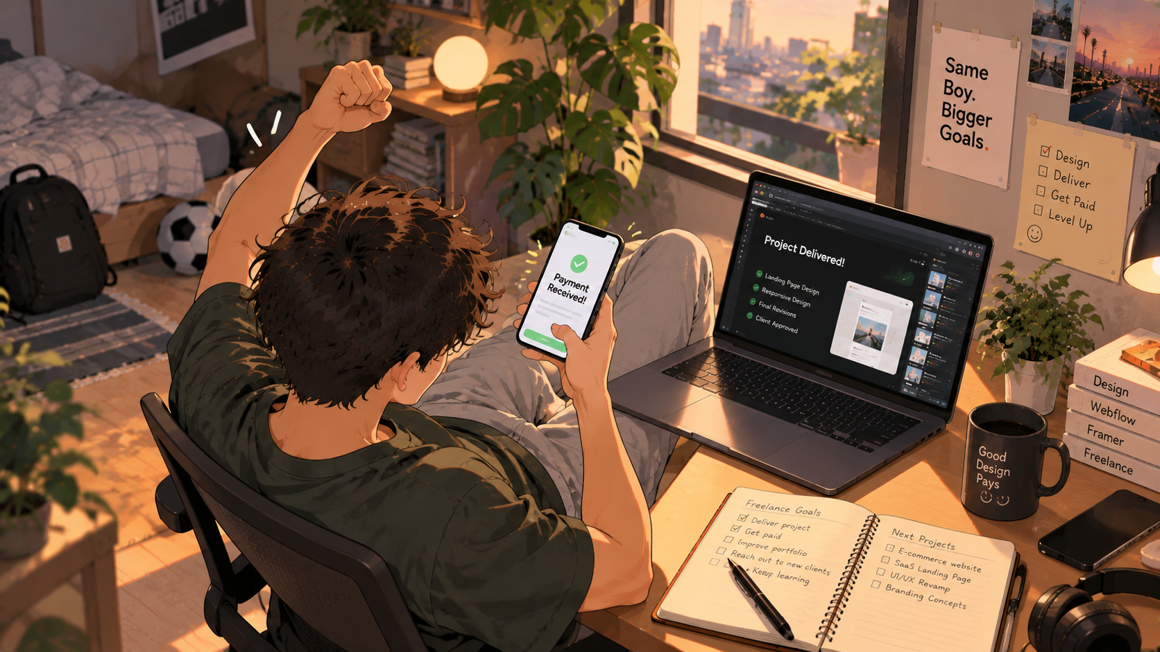 A first freelance payment confirmed on a laptop at a home design workspace