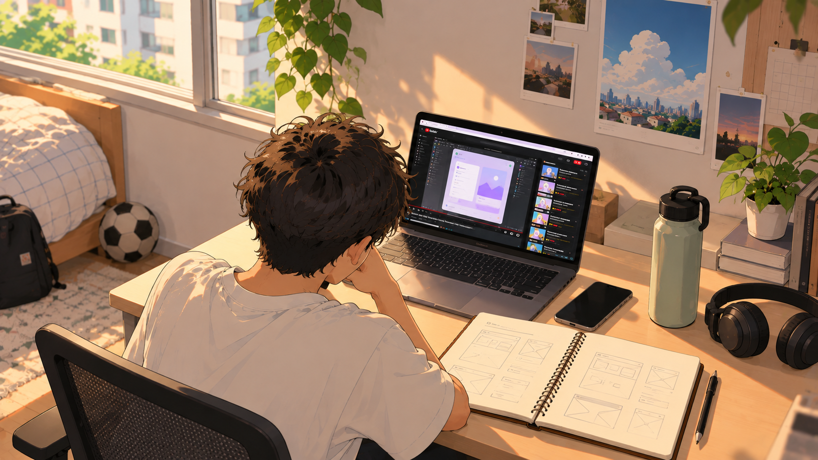 A student learning design late at night at a laptop with tutorials and sketches