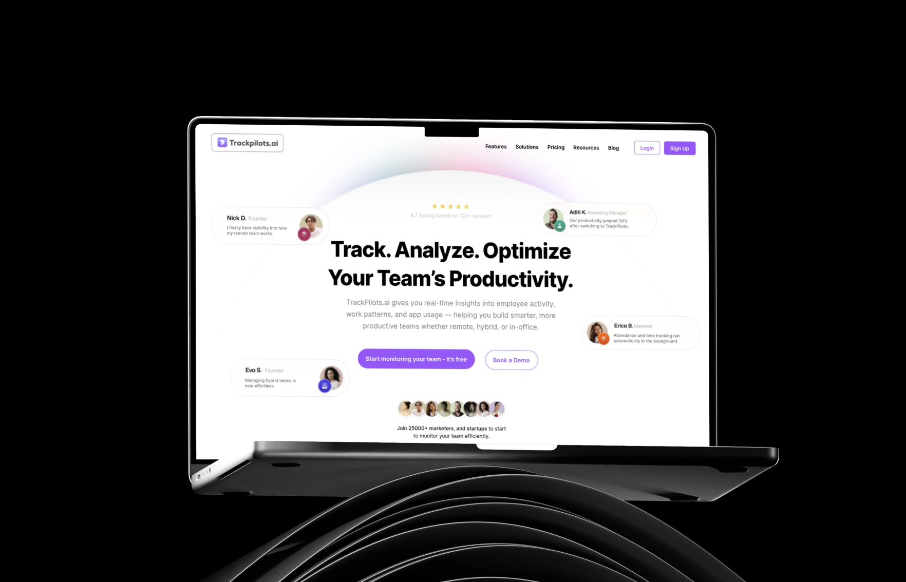 TrackPilots.ai website displayed on a laptop